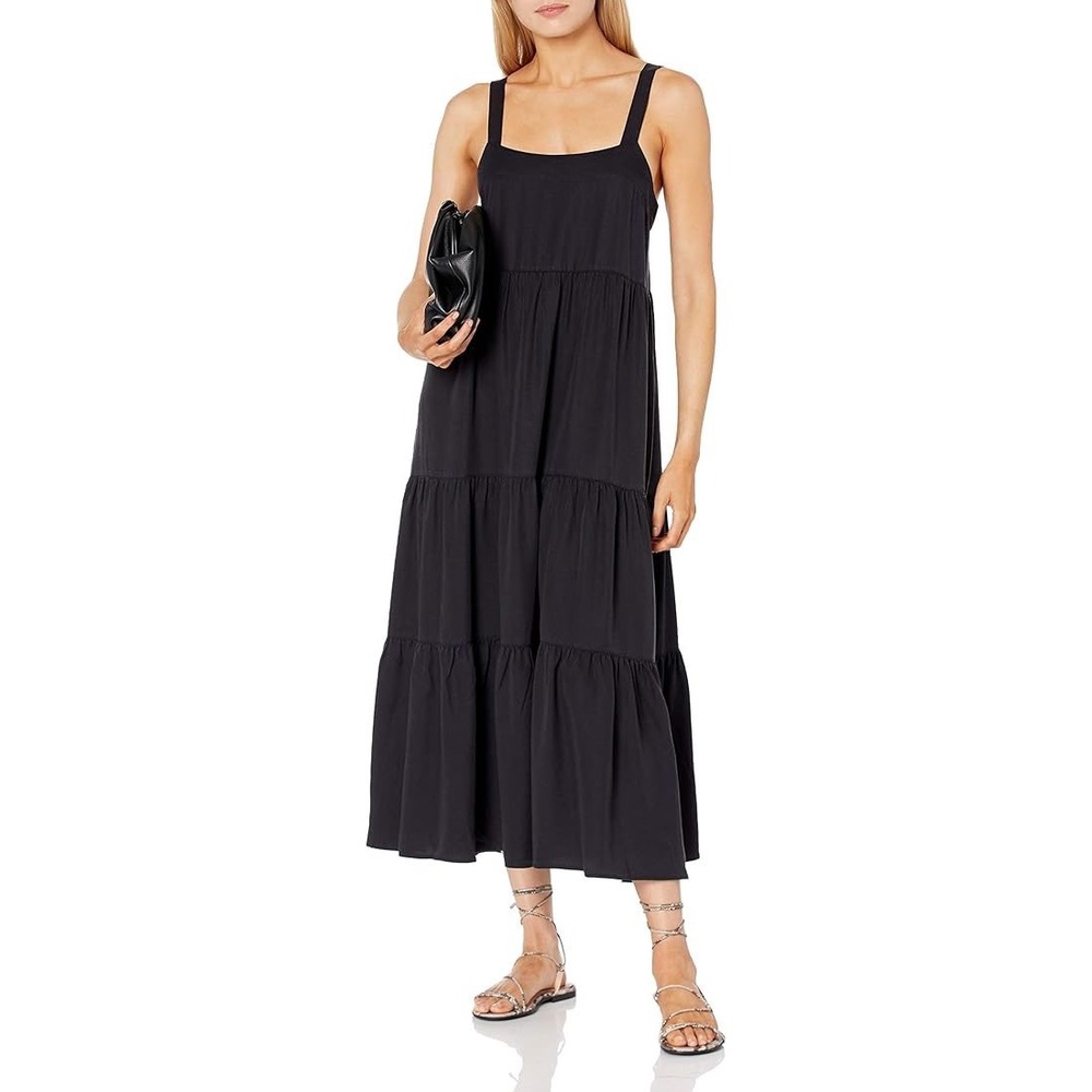 The Drop Britt Tiered Maxi Tent Dress Black XXL Tencel Lyocell Sleeveless Boho